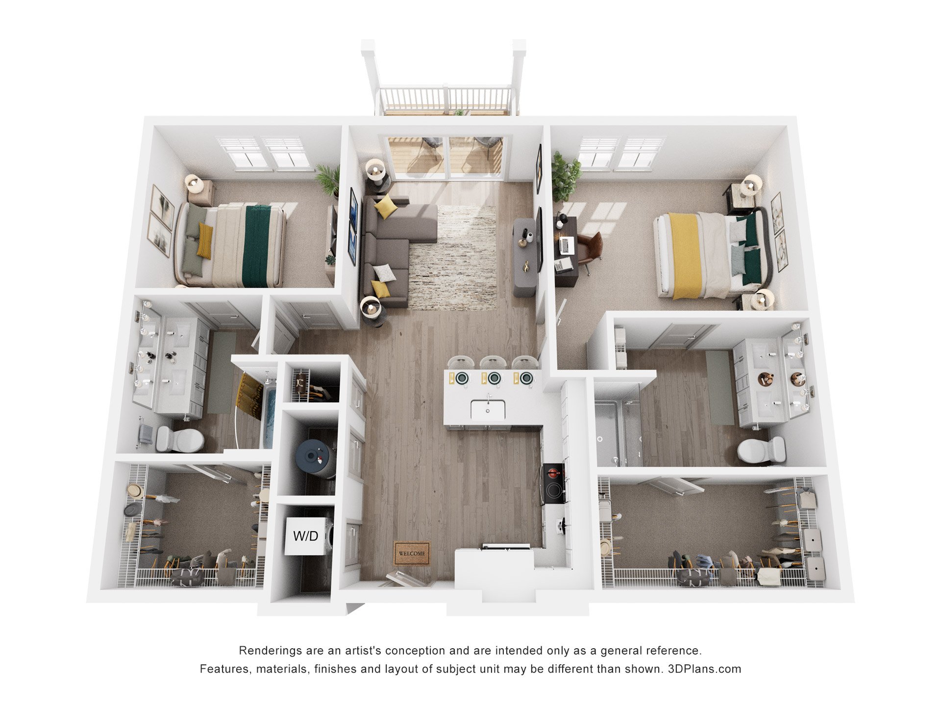 Floor plan for 2 beds, 2 baths, 1066 sqft